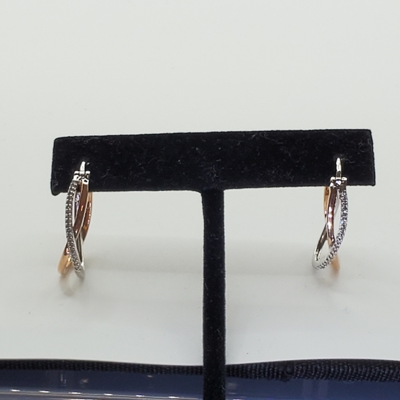 10K Rose Gold and Sterling Silver Pave Diamond Crossover Hoops - Picture 11 of 16